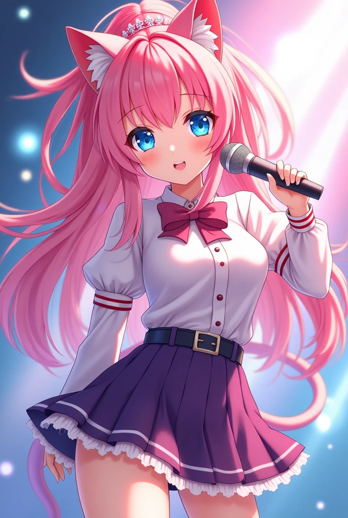 A magical girl with anime aesthetics who is an idol with long pink hair in a ponytail and cat ears and tail., blue eyes, wearing a short skirt and with a microphone in her hand singing

