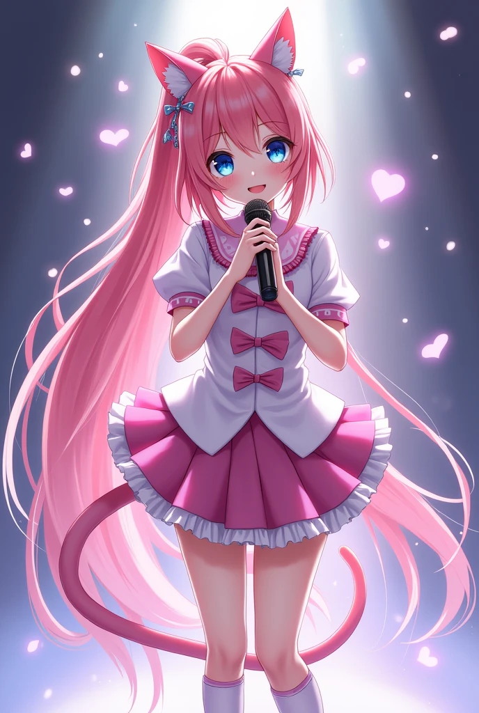 A magical girl with anime aesthetics who is an idol with long pink hair in a ponytail and cat ears and tail., blue eyes, wearing a short skirt and with a microphone in her hand singing

