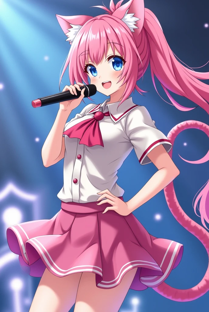 A magical girl with anime aesthetics who is an idol with long pink hair in a ponytail and cat ears and tail., blue eyes, wearing a short skirt and with a microphone in her hand singing