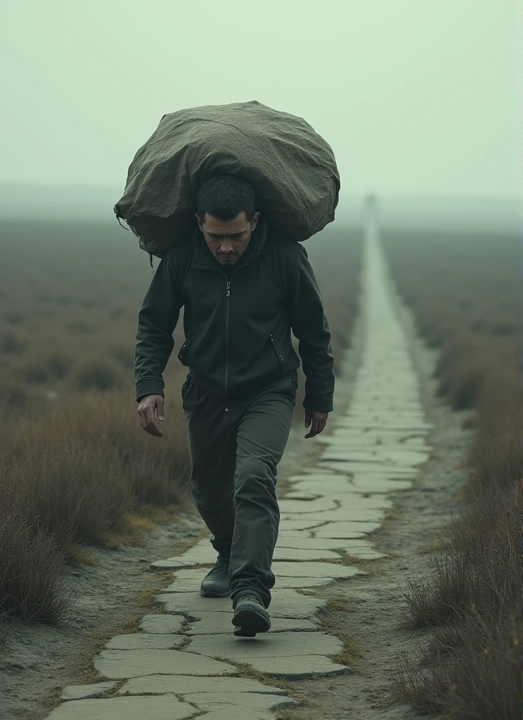 Depict a figure carrying a heavy load, traveling a long path, but with no progress or growth, symbolizing the futility of effort without learning.