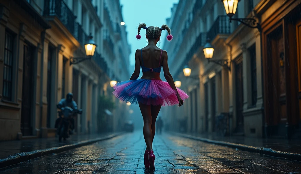 Image haute qualité 16K, photo réaliste, ultra détaillé, plan reculé, plan vu du sol, une femme Margot Robbie, sous les trait d'Harley Quin, se tient dans une rue parisienne pavé, sombre, nuit, éclairage faible par lampadaire. temps humide, pluie averse. elle dance, tutu rose et bleu, dance classique, corp mouillé, effet de lumière contre jour, donnant un sensation de mystique, mystérieuse et a la fois effrayante 
