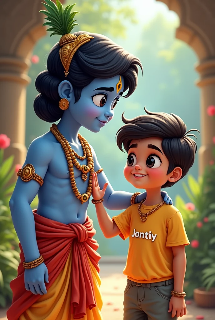 Lord Shri Krishna who is smiling with his hand on the shoulder of a boy and that boy has 'Jontiy written on his T-shirt. in cartoon