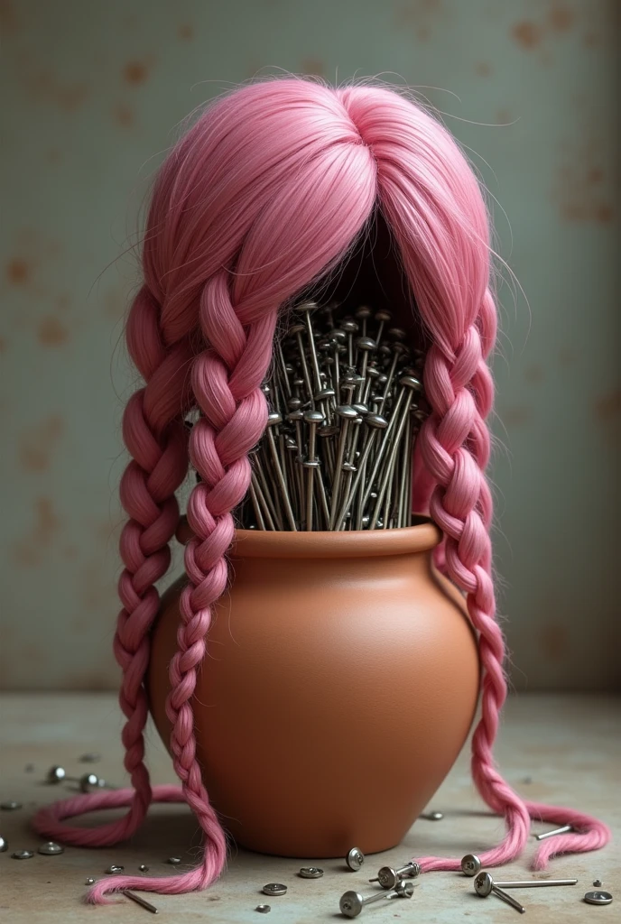 Clay pot with pink braided hair full of nails inside