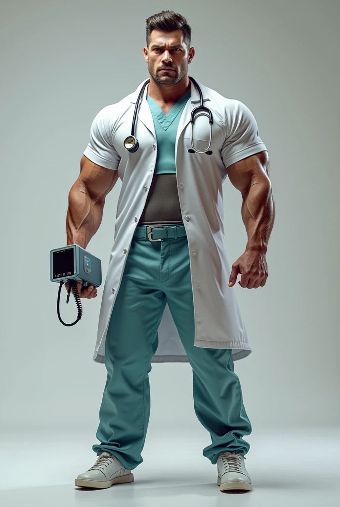 A muscular gym worker doctor, wore a half of his working white doctors suit, with heartbeat check, looking forward, full face view, only one hand wore