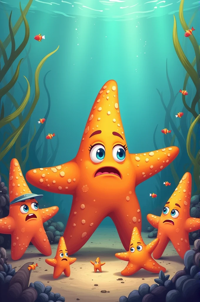 Illustration: Sandy surrounded by other starfish, looking worried but determined.