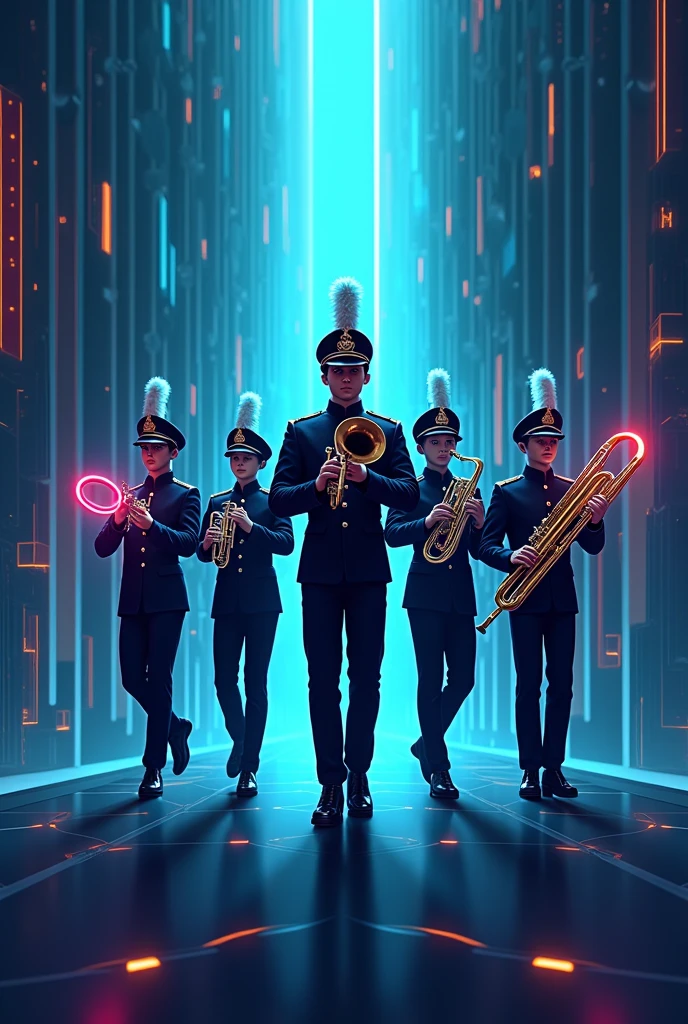 Marching band logo with instruments in hand with artificial intelligent theme