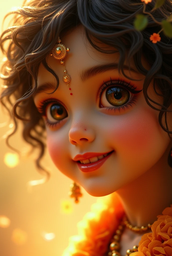 Golden Krishna closeup smiling face fuzzy hair