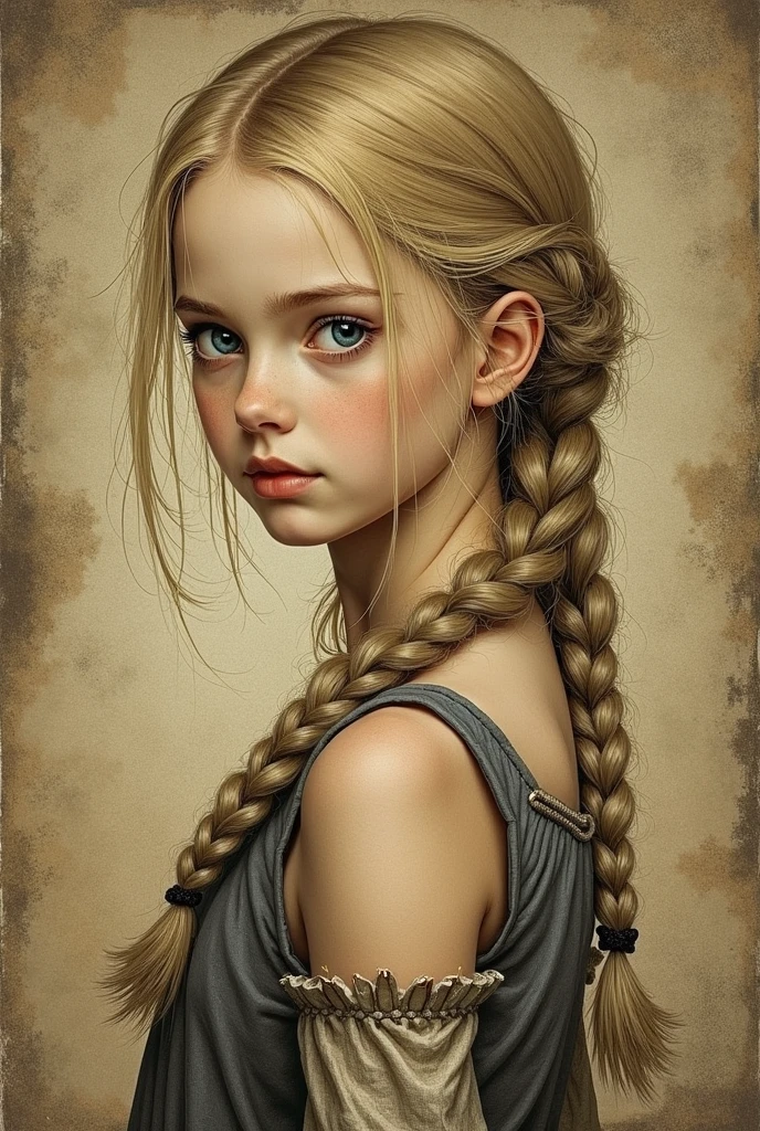 A 17th century painting or illustration of a young girl with braided blonde hair and a thoughtful facial expression. The image has an antique or slightly worn aesthetic, with a textured background that adds to the mood and atmosphere. The girl's piercing blue eyes and delicate facial features give her an intriguing, almost melancholic appearance. The attention to detail and emotional quality of the depiction make this a captivating piece of art.
