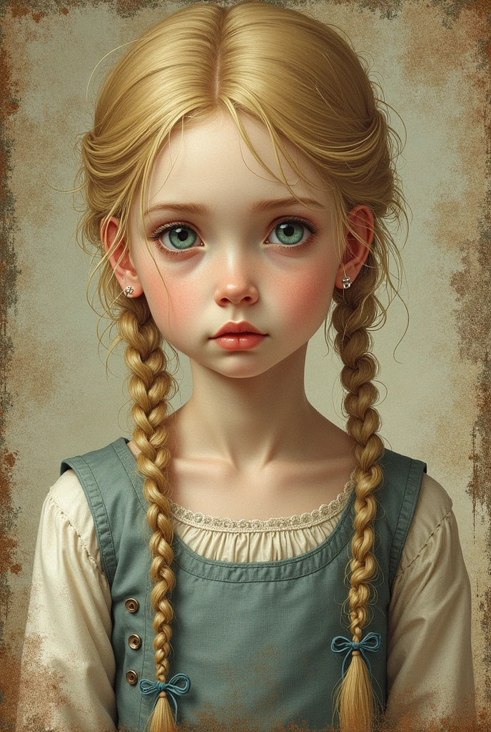 A 17th century painting or illustration of a young girl with braided blonde hair and a thoughtful facial expression. The image has an antique or slightly worn aesthetic, with a textured background that adds to the mood and atmosphere. The girl's piercing blue eyes and delicate facial features give her an intriguing, almost melancholic appearance. The attention to detail and emotional quality of the depiction make this a captivating piece of art.