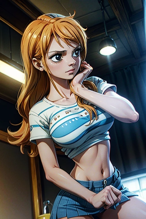 US, (best qualityer), (8k_wallpaper), (great lighting), Beautiful girl, hair orange, very big breasts, body skinny, white and blue striped t-shirt, yellow mini skirt, (cinematographic), (detaileds)