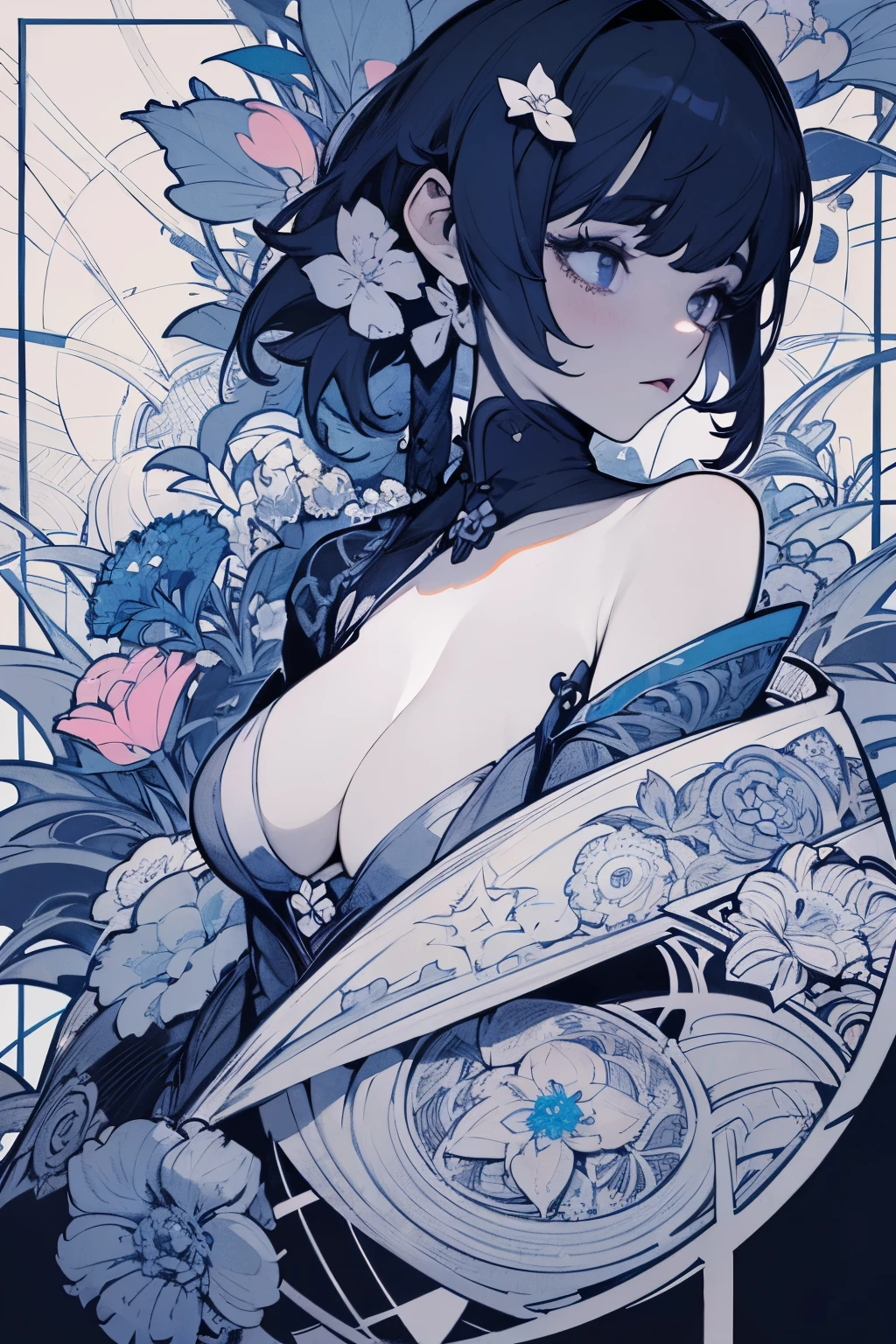 Keqing, genshin inpact, absurdres,highres,ultra detailed,ultra-detailed background,detailed background,extremly detailed,1girl,bunch of flowers,(zentangle:1.2),(geometric:1.2) color palette, big , cleavage, sideboob, lingerie, realistic depiction