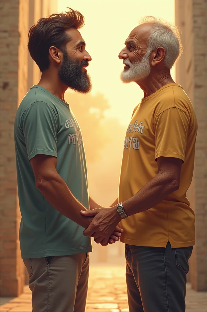 Create a image in which a bother holds another brother hand till teenage to old 1st one  name is Pankaj Soni second's is Anjesh Soni written on back of them tshirt of both show the image imotionally and loved