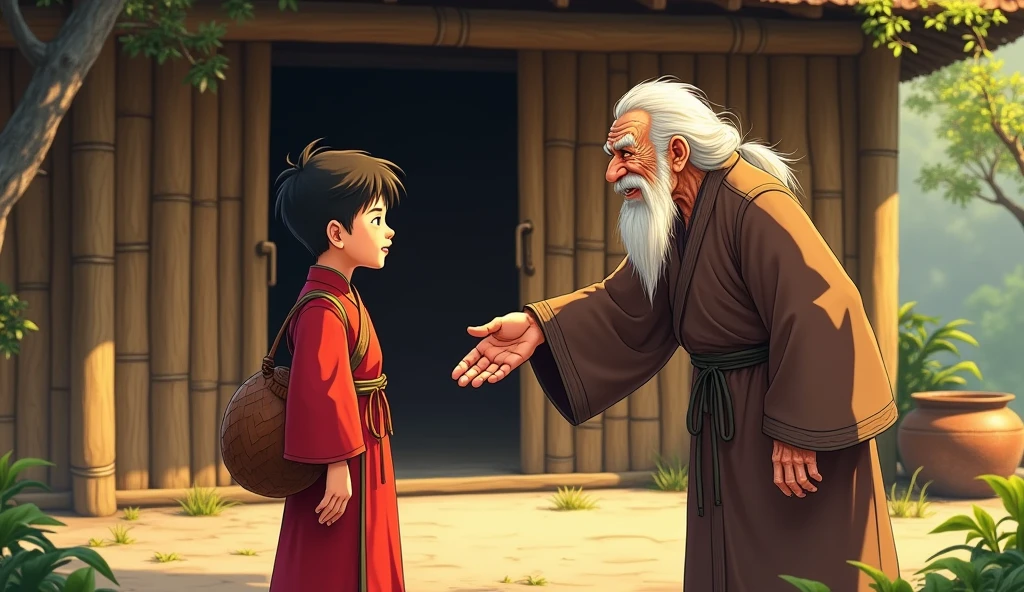 Red Zhuang costume 1 boy。Carry a bag。Stand in front of the bamboo building。Stand and talk with an old man（Image of the old man：Thin and shriveled，Has a long beard，ssmile。Wearing brown Zhuang clothes）。The old man stretched out his left hand and invited the boy into the bamboo building（The picture shows an old man smiling gently and inviting the boy to enter the bamboo building）
