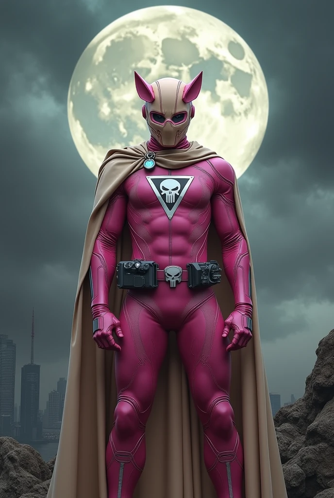 high-tech suit, vivid effects, malaysian superhero (KELUANG MAN) in a striking pink and beige costume cyberpunk design, mask small mini bat ear beige, daredevil biage mask, jumpsuit dark pink stands confidently in a dramatic, stormy landscape. ((Head covered node guard))The character wears domino mask a helmet with pointed mini torn ears and a flowing cape biege, open nose and mouth. Equipped with visible futuristic weapons on a belt, dark day, dark night, big supermoon effect .logo on chest triangle shape small punisher logo center triangle cyber logo center on chest pink logo . rocky. Building top. , adding to --ar 3:4 --style raw --stylize 500 --v 6.1