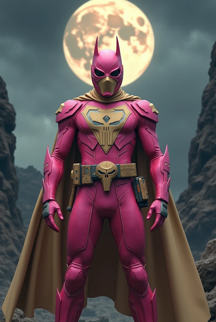 high-tech suit, vivid effects, malaysian superhero (KELUANG MAN) in a striking pink and beige costume cyberpunk design, mask small mini bat ear beige, daredevil biage mask, jumpsuit dark pink stands confidently in a dramatic, stormy landscape. ((Head covered node guard))The character wears domino mask a helmet with pointed mini torn ears and a flowing cape biege, open nose and mouth. Equipped with visible futuristic weapons on a belt, dark day, dark night, big supermoon effect .logo on chest triangle shape small punisher logo center triangle cyber logo center on chest pink logo . rocky. Building top. , adding to --ar 3:4 --style raw --stylize 500 --v 6.1