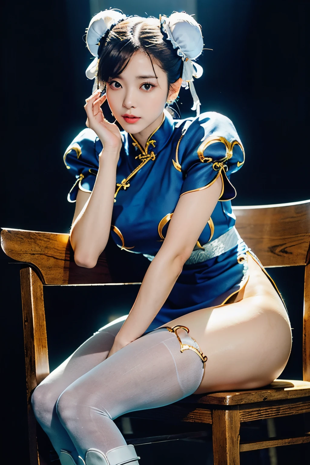 (Chun-Li from Street Fight II:1.2,perfect chun li costume:1.2,Blue cheongsam with gold lines:1.2,Bun head:1.2,bun cover:1.2,sexy pose:1.2,masterpiece:1.2、1 beautiful girl:1.2、fine eyes:1.2、puffy eyes:1.2、highest quality:1.2, 超High resolution:1.2, (reality: 1.4), movie lighting:1.2、Japanese:1.2、asian beauty:1.2、Korean:1.2、super beautiful:1.2、beautiful skin:1.2、body facing forward:1.2、(Full body:1.2,sitting:1.2,chair:1.2,legs togehter:1.2)、(超reality的な:1.2)、(High resolution:1.2)、(8k:1.2)、(very detailed:1.2)、(美しくfine eyes:1.2)、(Super detailed:1.2)、 (simple background:1.2)、detailed face:1.2、bright lighting:1.2、professional lighting:1.2、looking at the viewer:1.2、look straight ahead:1.2、slanted bangs:1.2、Nogizaka Idol:1.2、korean idol:1.2、masterpiece:1.2, highest quality:1.2, masterpiece:1.2, highest quality:1.2, perfect face:1.2, perfect brown eyes with white sclera:1.2, bad move-5:1.2, alone:1.2, 1 girl:1.2, brown hair:1.2, From SF2:1.2, Chinese service:1.2, muscular woman:1.2, blue clothes:1.2, pantyhose:1.2, pelvic curtain:1.2, Puffy short sleeves:1.2, Good cover:1.2, sash:1.2,beautiful calves:1.2,white boots:1.2),