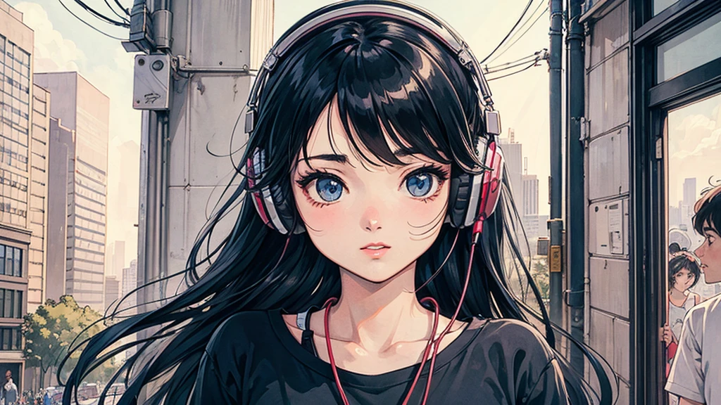 1 person, Blue Long Hair, 80s anime style, I have headphones on, coffee, Retro, Lo-Fi,City view in the background, Wearing a short-sleeved T-shirt, Close-up of a woman's face from the front,