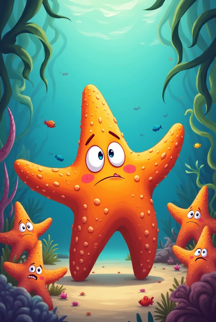 Illustration: Sandy surrounded by other starfish, looking worried but determined.