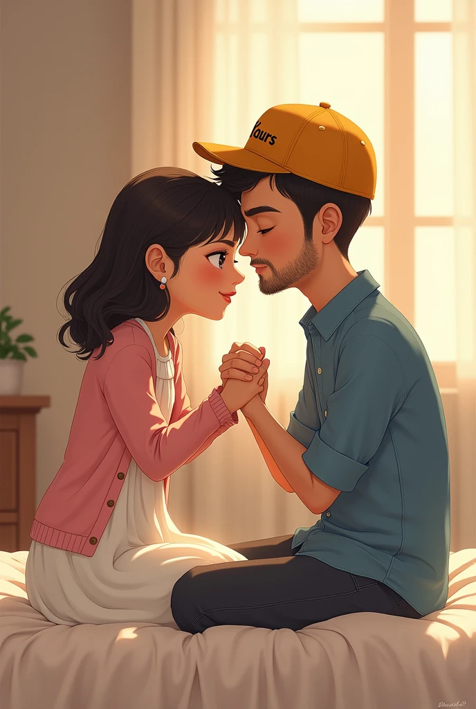 A guy wearing a rusty blue shirt with ons closed till the top and looks neat and a yellow cap that has YOURS written in black infront of it he had thin shaved beard and short hair also and is wearing a black jeans who is sitting on the bed on the right side and a cute chubby girl wearing a light pink and white colored long dress that has a elbow length light pink colored coatie and her hair comes bit lower than her shoulders and she is sitting on the left of the guy on the same bed holding the guys hand in crossed fists of each other and facing us at the front screen face the front screen and the girl is not sitting in the guys lap and then the guy kisses the girls forehead
