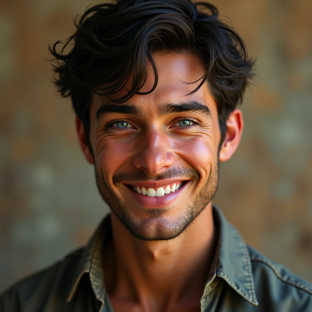a young european man with short black hair, blue eyes, smiling, wearing a shirt, ultra detailed, 8k, photo-realistic, cinematic lighting, highly detailed portrait, striking facial features, warm color palette, natural skin tones, subtle textures, ambient occlusion, digital painting, concept art style