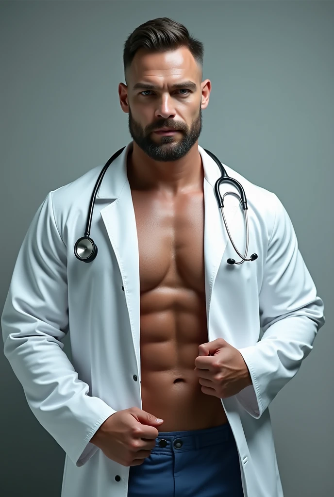 A muscular gym worker doctor, wore a half of his working white doctors suit, with heartbeat check, looking forward, full face view, 