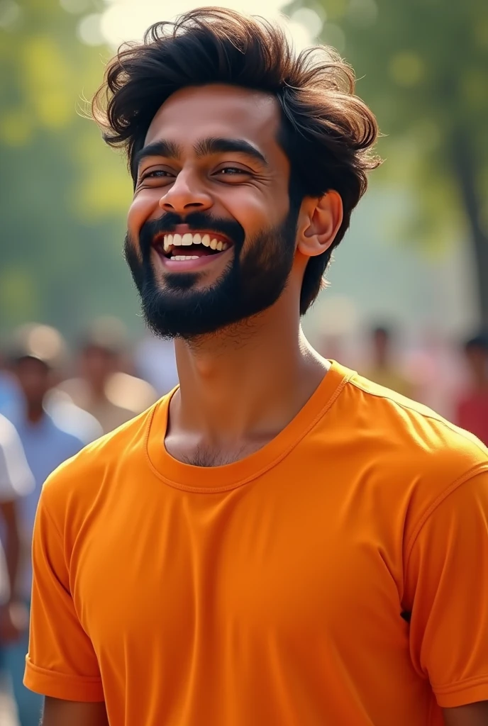A young Indian guy laughing realistic and seeing ahead.He wore orange t shirt of half sleeves.he has small beard of white skin.