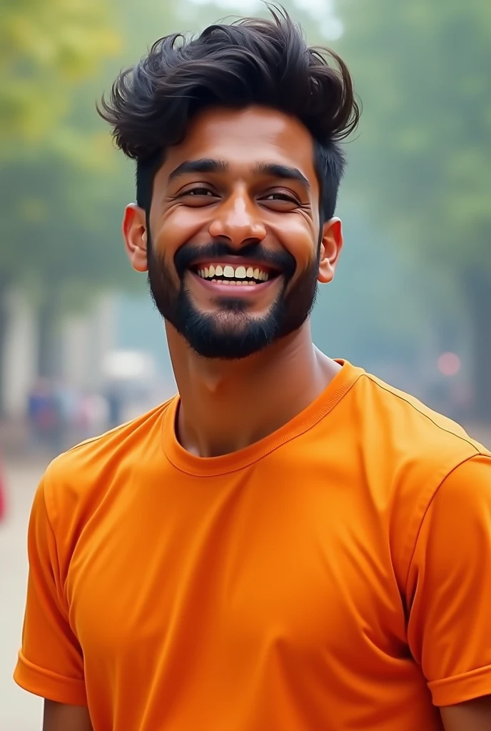 A young Indian guy laughing realistic and seeing ahead.He wore orange t shirt of half sleeves.he has small beard of white skin.