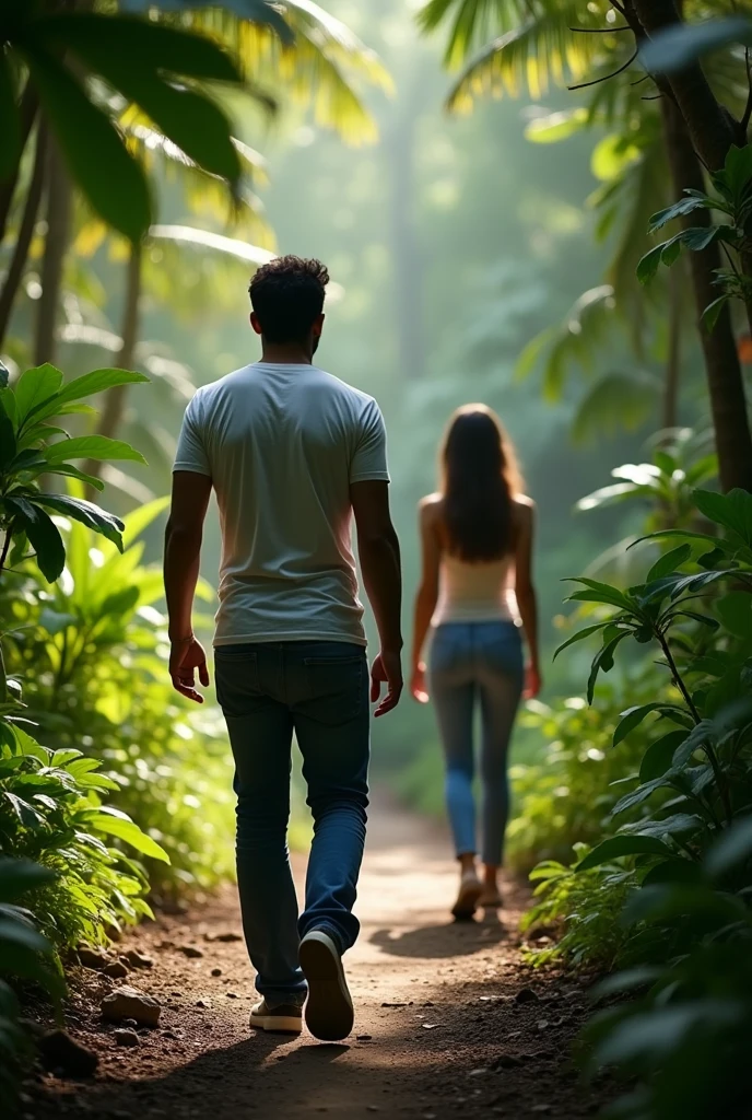 A cinematic medium shot of a man walking along a jungle trail from behind. He is wearing a white t-shirt, jeans, and sneakers. The background reveals a beautiful woman wearing jeans and a shirt coming towards him. The background is lush with greenery.