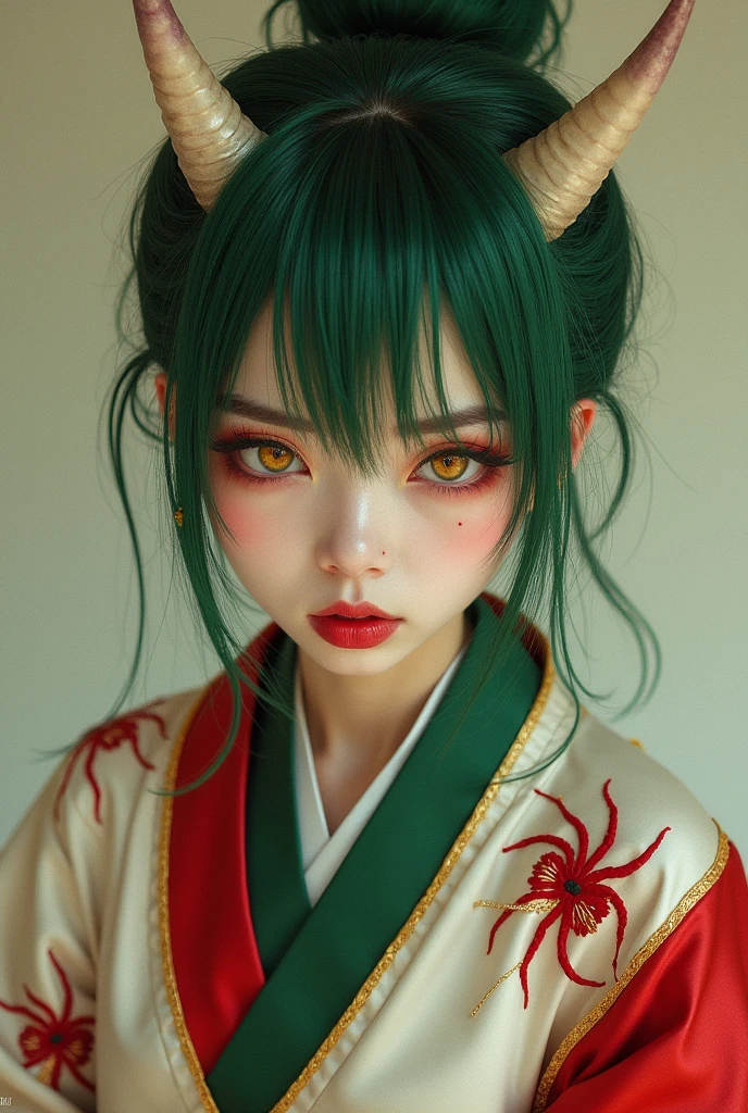 Green Hair。Wolf Cut。Golden Eyes。Drooping eyes。Red on the corners of the eyes。Beautiful Japanese Women。Mole on the corner of the left eye。Long, thin, white demon horns。Red sleeve。White silk。Green band。Golden thread red spider lily embroidery。Sharp Demon Claws。