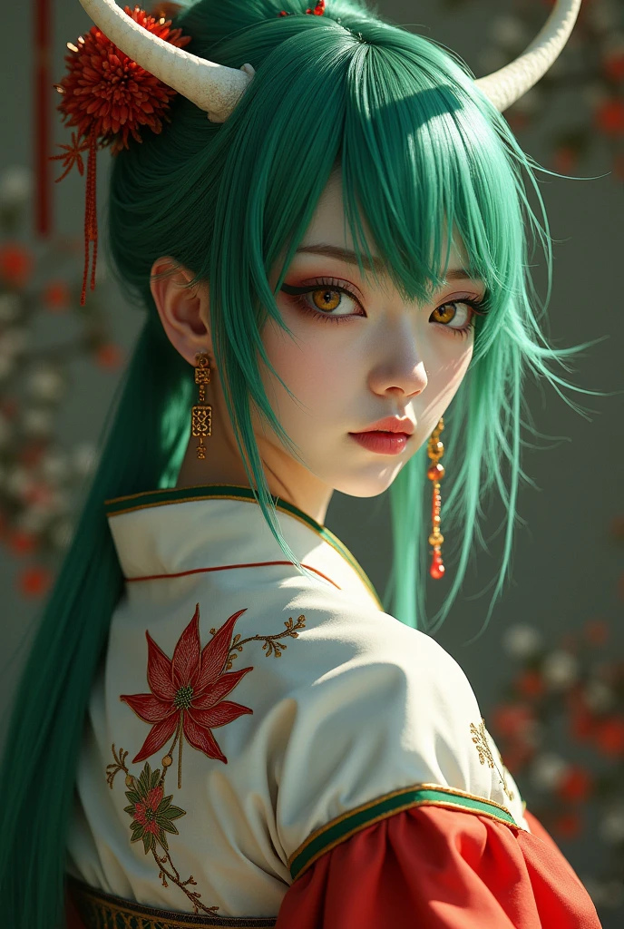 Girl's profile picture, light green medium hair with bangs, high ponytail, dragon tattooon neck, pale skin, red eyes, red kimono, earrings , realistic skin texture, detailed picture, upper body, HD32k, looking at viewer, dramatic shadows, vivid lighting, soft sunlight, big breasts