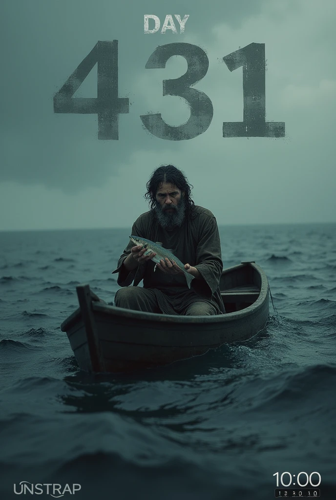 The image shows a man sitting alone in a small wooden boat, adrift on rough waters. The man looks disheveled, with a beard and worn-out clothes, and is holding a fish in his hands. The sky is overcast, giving the scene a dark and moody atmosphere. The text on the image reads "DAY # 431," indicating that the man has been in this situation for a long time. The logo in the top right corner says "UNSTRAP," and there is a timer in the bottom right corner displaying "9:42."