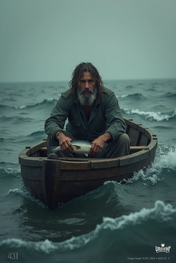 The image shows a man sitting alone in a small wooden boat, adrift on rough waters. The man looks disheveled, with a beard and worn-out clothes, and is holding a fish in his hands. The sky is overcast, giving the scene a dark and moody atmosphere. The text on the image reads "DAY # 431," indicating that the man has been in this situation for a long time. The logo in the top right corner says "UNSTRAP," and there is a timer in the bottom right corner displaying "9:42."