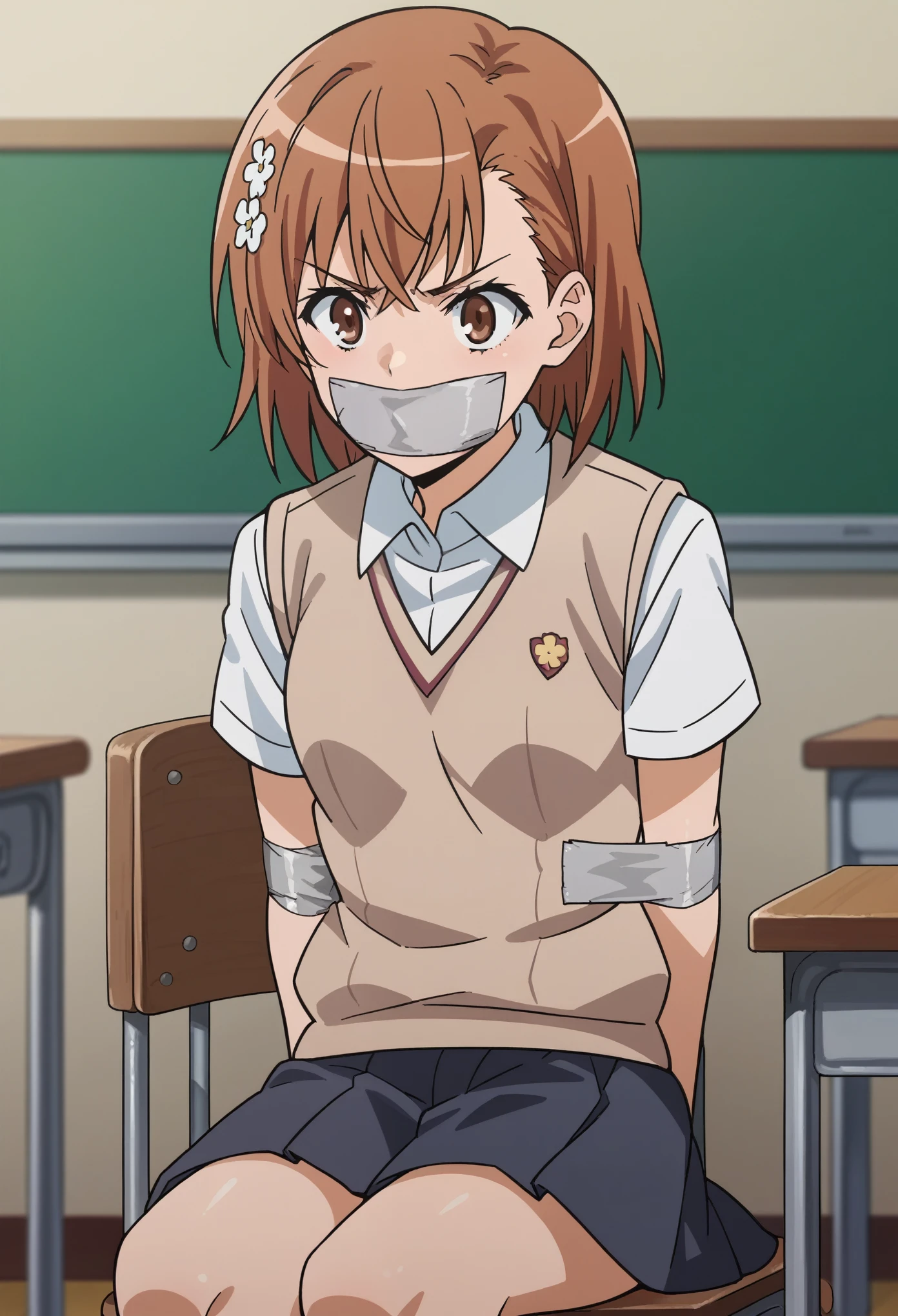 1girl, mikoto misaka, short hair, brown hair, hair ornament, hair flower, brown eyes, skirt, shirt, school uniform, white shirt, short sleeves, pleated skirt, grey skirt, sweater vest, tokiwadai school uniform, Tape Gag Tape Bondage, sitting on the chair in the classroom, tape gag, gagged,