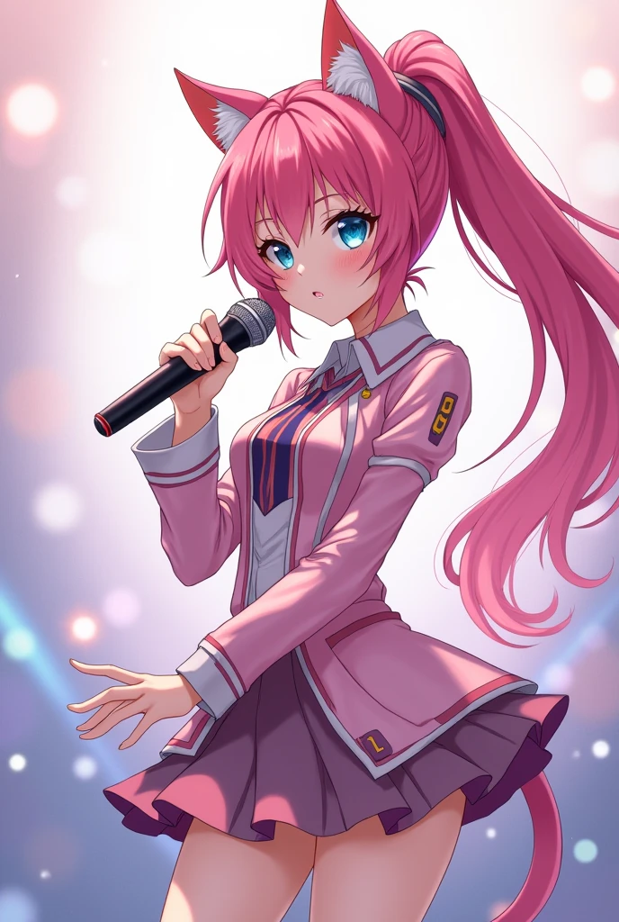 A magical girl with anime aesthetics who is an idol with long pink hair in a ponytail and cat ears and tail., blue eyes, wearing a short skirt and with a microphone in her hand singing