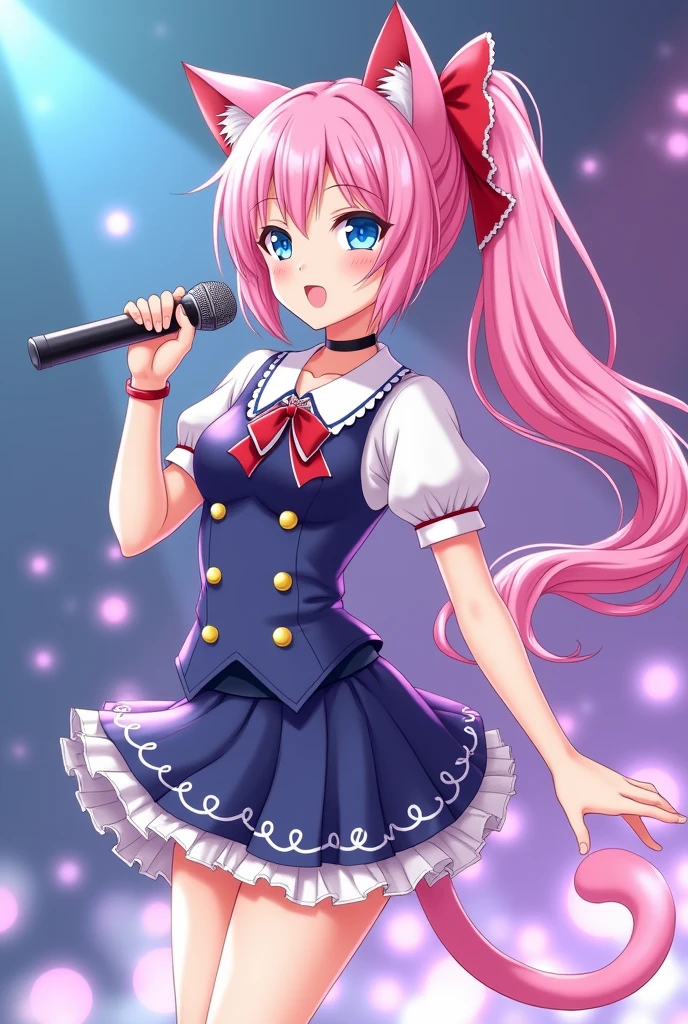 A magical girl with anime aesthetics who is an idol with long pink hair in a ponytail and cat ears and tail., blue eyes, wearing a short skirt and with a microphone in her hand singing