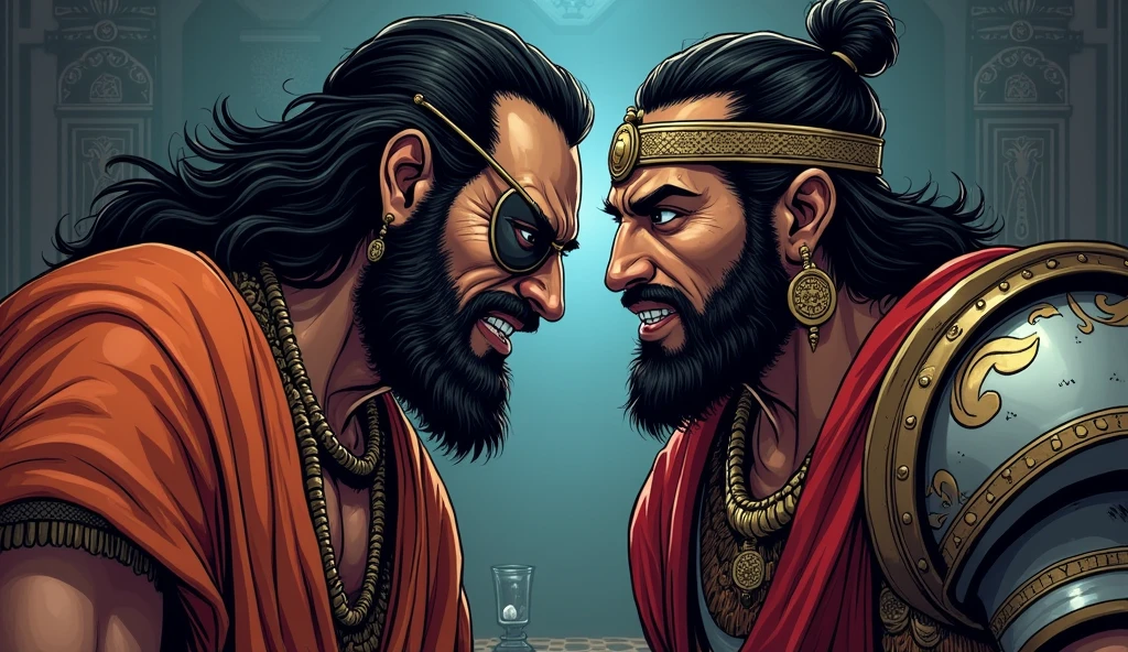 A comic-style scene showing Shakuni, a cunning and manipulative figure wearing an eye patch, in close conversation with Duryodhana, the eldest Kaurava. Shakuni's expression is sly, with a mischievous grin as he whispers into Duryodhana's ear. He is dressed in traditional royal attire, with the eye patch adding a distinctive, sinister touch. Duryodhana, dressed in regal armor, listens intently, his face showing growing determination and anger. The background is a dimly lit royal chamber with exaggerated shadows, enhancing the comic style. Elements like a chessboard or dice are subtly included, symbolizing Shakuni’s manipulation. The overall tone is dark yet vibrant, capturing the buildup to the impending conflict and the destruction of the Kuru dynasty."