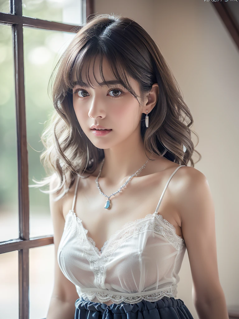 White lace dress,(See through)、,Small breasts, (((とてもエレガントでbeautiful, Perfect detail, Very detailed))), whole body, The most detailed girl, Written boundary depth, 美しくdetailedなwhole body, Thin legs, 1 person, 30 years old, Very short hair, Spiked Hair, Gray and silver hair, beautiful detailed hair, Perfect Face, Expressionless, beautiful, detailed, Deep Eyes, Please open your mouth a little, Delicate arms and hands, Pale skin, Earrings, beautiful and gorgeous necklace, Colorful background, HD background, Blurred Background, とても繊細でbeautiful, masterpiece, (((Highest quality, とてもbeautiful8K CG壁紙))), (((Medium Hair、Loose wavy hair))), (Inside the room,Stylish interior,window),Flip up the skirt、