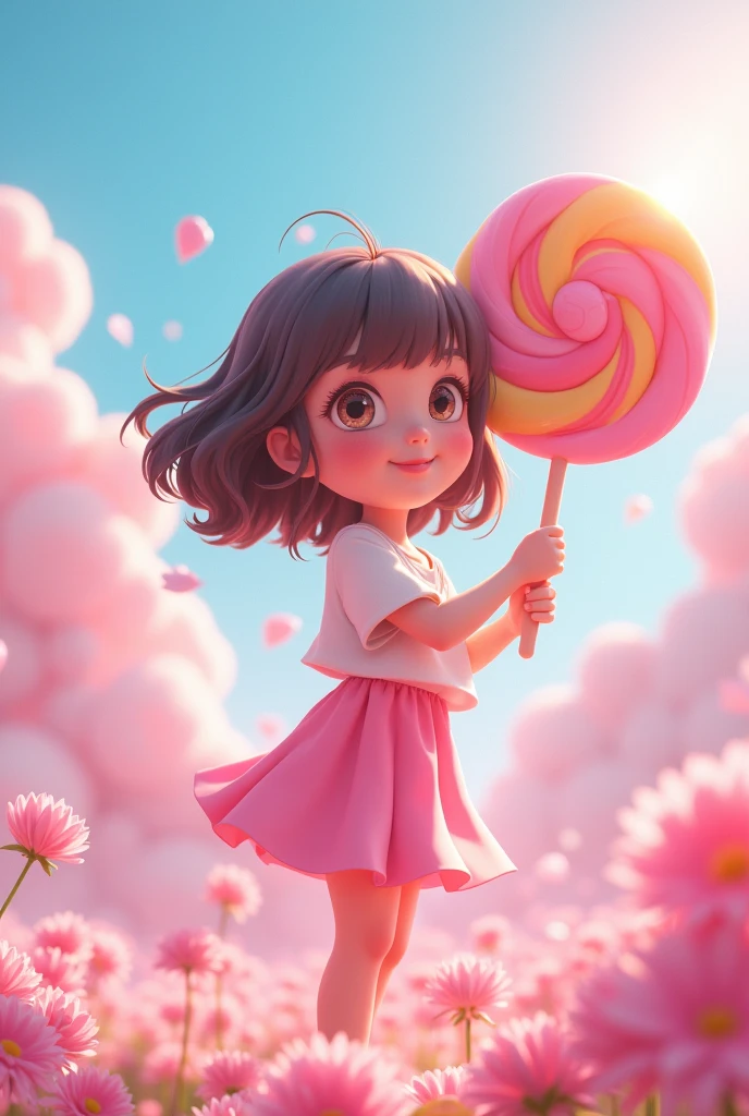 A anime girl with 3D rendering adopt, based on lollipop, lollipop theme, pastel and movement in pose holding a gaint lollipop