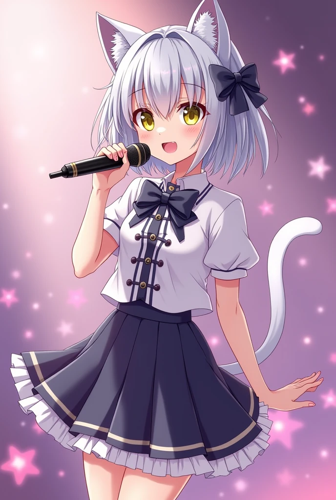 A magical girl with anime aesthetics who is an idol with medium hair silver colored slightly short and cat ears and tail., yellow eyes, wearing a short skirt and with a microphone in her hand singing