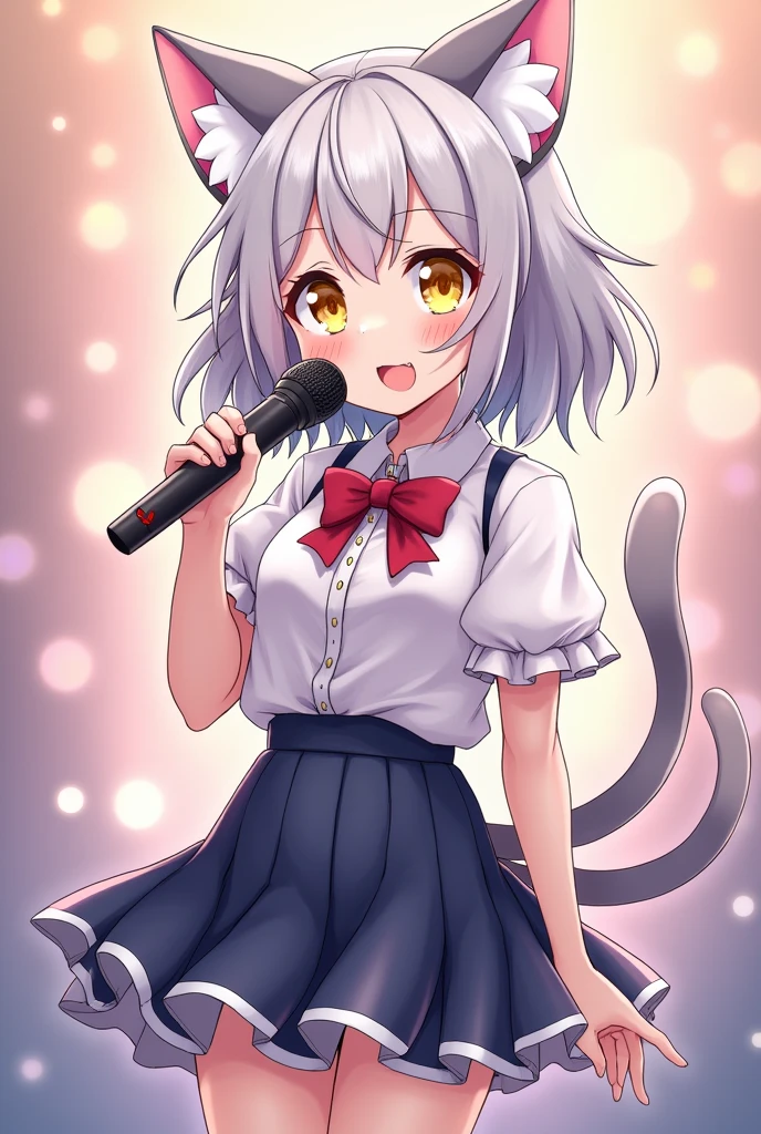 A magical girl with anime aesthetics who is an idol with medium hair silver colored slightly short and cat ears and tail., yellow eyes, wearing a short skirt and with a microphone in her hand singing