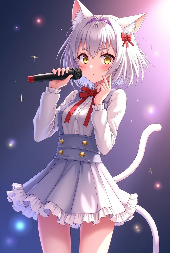 A magical girl with anime aesthetics who is an idol with medium hair silver colored slightly short and cat ears and tail., yellow eyes, wearing a short skirt and with a microphone in her hand singing

