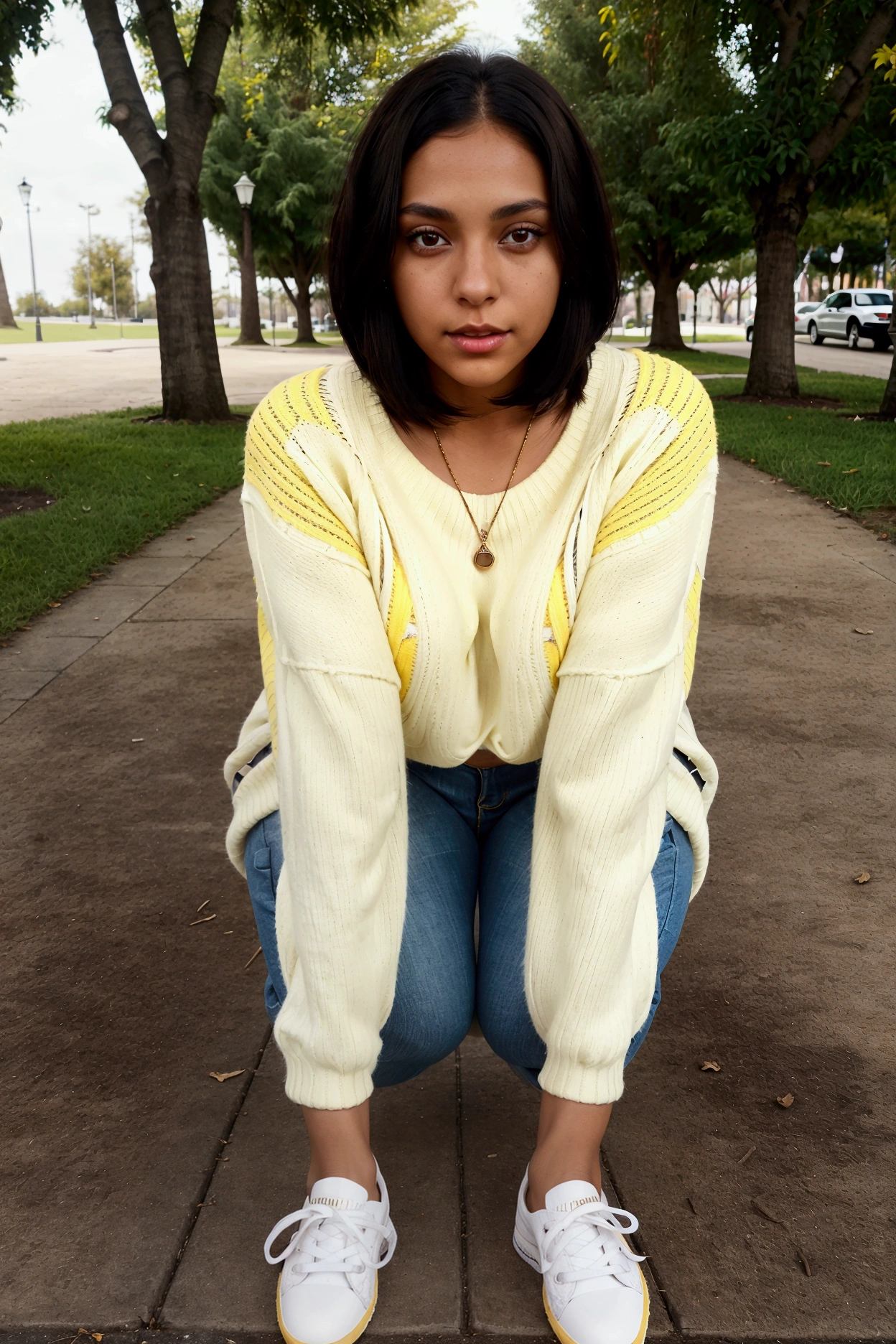 beautiful brunette caribean latín girl, tanned skin, symetric eyes, perfect face, black bob hair, wearing a white sweater with horizontal yellow stripes, dark jeans, yellow Converse sneakers, in a park, ultra-detailed, full-body image