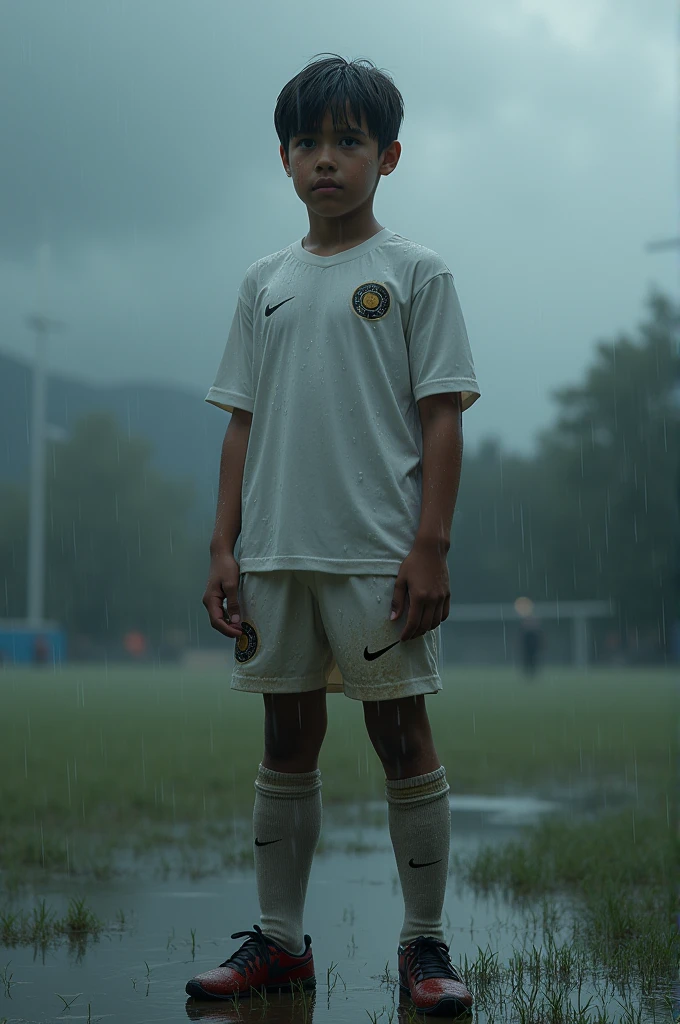 Young soccer player standing in wet white clothes in the rain