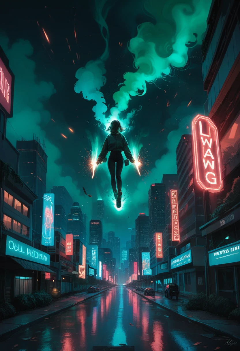 Scene from the movie, Woman dressed as Green Lantern from DC, extremely detailed, futuristic cityscape, nighttime, glowing neon lights, smoke, sparks, metal shavings, flying debris, blue energy effects, volumetric light