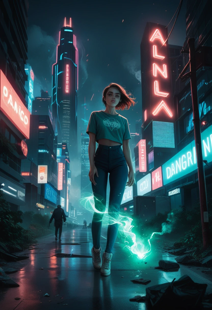 Scene from the movie, Woman dressed as Green Lantern from DC, extremely detailed, futuristic cityscape, nighttime, glowing neon lights, smoke, sparks, metal shavings, flying debris, blue energy effects, volumetric light