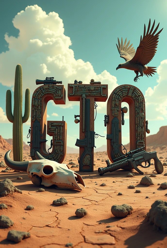 PICTURE REALISTIC, with the name GTO made of grenades pistols and rifle. a cactus behind, a cattle skull next to the cactus and a vulture flying in the sky, the dry and cracked soil of drought, and a bright sun in the sky.
