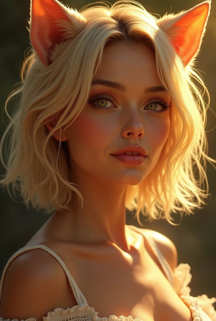 A young woman realistic, her ears are small and pointed, resembling a calm feline, with soft golden fur. 
**Skin color:** Her skin has a warm, tan tone. Her skin also has a natural glow. 
**Hair:** Her hair is short, voluminous, and a golden blonde that resembles the rays of the sun. It always seems to be a little disheveled. Her hair shines in the light, creating a golden aura around her head. 
**Eyes:** Her eyes are a deep gold, like the glow of the rising sun. They. Her gaze is seductive, attractive, and piercing. 
**Facial features:** She has attractive and seductive facial features, with a cheeky smile. Her eyebrows are thin and slightly arched, adding a touch of mischief to her look. Her nose is small and slightly upturned, perfectly matching her thin, full lips. Her cheeks have a slight hint of red, giving her a sexy and seductive appearance.  **Body:** She has a sexy and attractive body, designed for passion and desire. Her posture is sexy and seductive. 
**Clothing:** She prefers sexy and transparent clothes, and practical ones that do not restrict her movements. She usually wears short orange and white dresses, reflecting the colors of the sun and the daytime sky. Her clothes are adorned with small shiny details, such as glass beads or gold beads.