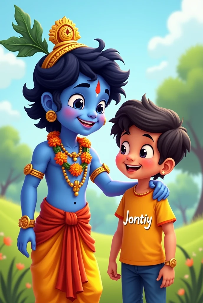 Lord Shri Krishna who is smiling with his hand on the shoulder of a boy and that boy has 'Jontiy written on his T-shirt. in 2d cartoon