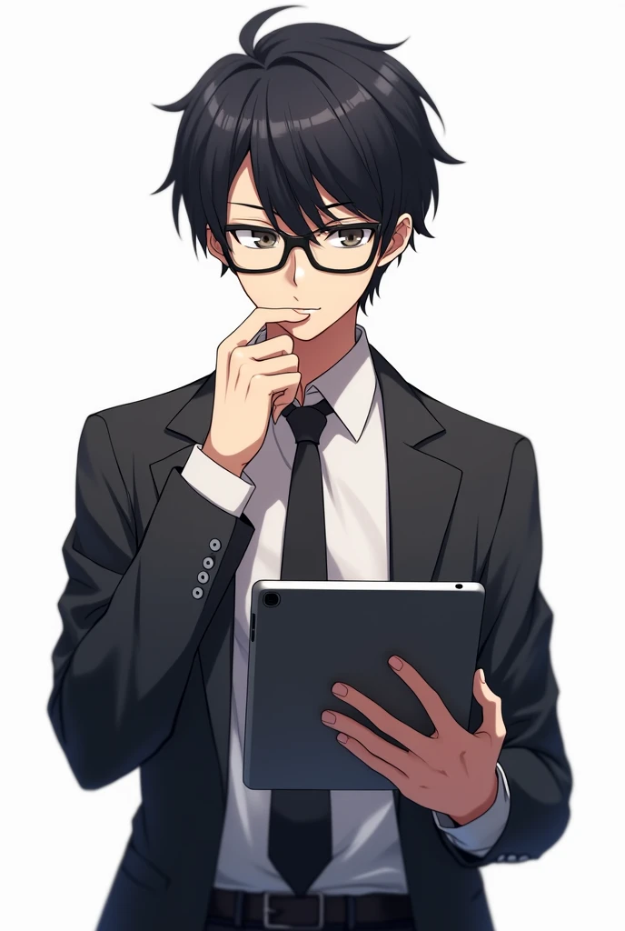 Black hair male teacher, black eyes, wearing glasses, holding an iPad, anime image, white background