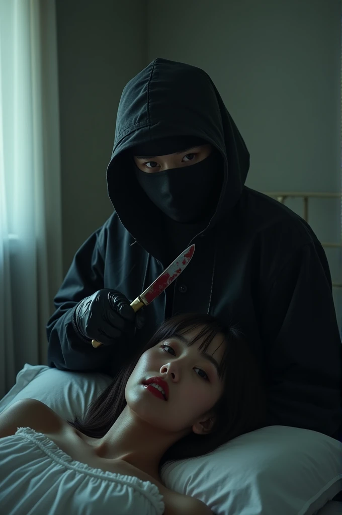 korean girl, (behind stiff, holding knife), stabbing, black balaclava mask, black gloves, girl's room, black raincoat, trucker hat, bloody knife, black gloves, woman on top, behind cadaver, blood splatter, on the bed, looking at viewer, girl only, mass murderer, killer, blood splatter, dark atmosphere, cinematic lighting, atmospheric realistic, light from the window, close-up,
